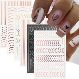 8 Pieces French Tip Line Nail Art Stickers 3D Simple Lines Nail Stickers Rose Gold Silver Nail Art Supplies Metallic Curve Stripe Wave Lines Nail Decals Self-Adhesive Nail Decorations for Women Girls