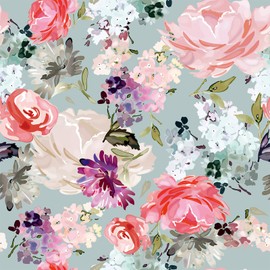 VEELIKE 17.7''x354'' Watercolor Floral Wallpaper Vintage Green Pink Floral Peel and Stick Wallpaper for Bathroom Nursery Bedroom Removable Self Adhesive Contact Paper Floral Mural Wallpaper for Walls
