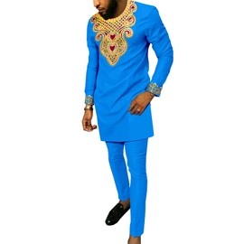 African Suits for Men Embroidery Shirts and Pants 2 Piece Set Dashiki Outfits Tribal Kaftan for Wedding Light Blue Small