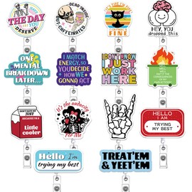 14Pcs Nurse Badge Reel Accessories Bulk Funny Medical Assistant Nursing Student Healthcare Badge Holder Retractable Pack Cute Cat Xray Brain Dumpster Fire Badge Clip CNA RN Social Worker ID Tag Card