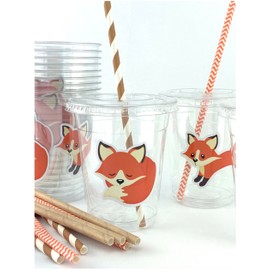 Fox Cups, Woodland Baby Shower, Birthday Party Supplies for Kids, Plastic Disposable Cups, Lids, Paper Straws, Set of 12