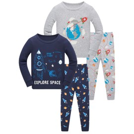 SOIBEEN Pyjamas for Boys Dinosaur Sleepwear Cotton Toddler Clothing Kids Sleepwear Long Sleeve PJs Set 4-Piece Outfit 1-12 Years, 4p-bluegray-space