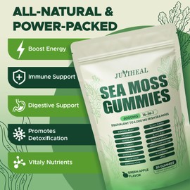 JUYIHEAL JUYIHEAL 16 in 1 Sea Moss Gummies with Ashwagandha Black Seed Oil Bladder Wrack Turmeric Vitamin C & D3 with Manuka Burdock Root, Irish Sea Moss Gummies for Women & Men, Vegan Green Apple, 2 Pack