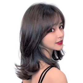 RERACO Wig, Semi-Long, Natural, Dark Brown, Black, Curly Hair, Wavy, Long, Full Wig, Women's Wig, Heat Resistant, Splashing, Layered (Mocha Brown)
