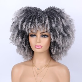 Afro Kinky Curly Wigs for Black Women Natural Looking Short Bob Wig with Bangs None Lace Front Wig Long Kinky Curly Synthetic Hair for Daily Party (Grey, 14 Inch)