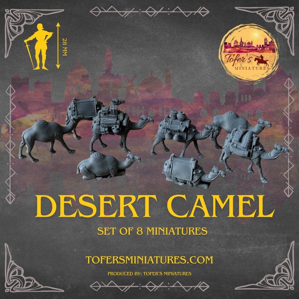 Set of 8 Desert Camels Miniatures. 28 mm Miniature. Ideal