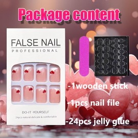 Short Square Press on Nails Valentine’s Day Fake Nails White French Tips Glue on Nails Red Little Heart Design False Nails Glossy Acrylic Nails Full Cover Artificial Nails Cute Stick on Nails 24Pcs