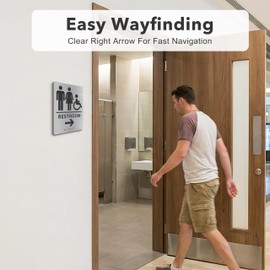 ADA Restroom Sign with Right Arrow & Grade 2 Braille, 8" x 6" Brushed Silver Aluminum Bathroom Sign, Tactile Raised Unisex &Wheelchair Accessible Icons, Commercial Directional Signage for Business＆Office