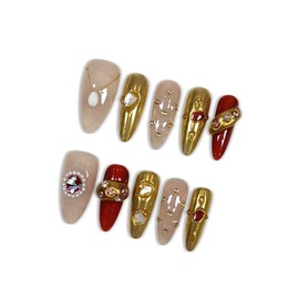 Hantyer Almond Press On Nails, Handmade Soft Gel Luxury Jewel Tone Fake Nails with Vintage Gold Accents & Pearl Embellishments, Elegant Reusable False Nails 10PCS Kit (Size M)