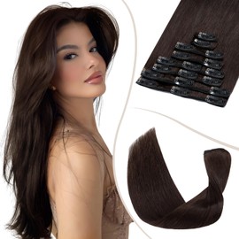 TESS Clip in Hair Extensions Real Human Hair Brown Remy Seamless 8 Pieces Straight Long for Women/Girls (#02 Dark Brown, 22 Inch 75g)