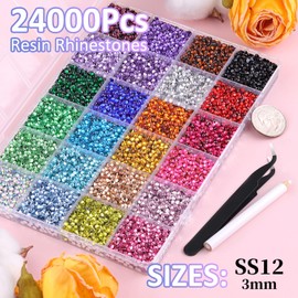 24000Pcs Resin Rhinestones for Bedazzling with Tweezers, Multicolor 3mm Rhinestones for Crafting with B7000 Jewelry Glue for DIY Crafts Clothing Tumblers Shoes Fabric Nail Art