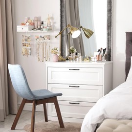 VINAEMO Jewelry Organizer Hanging Wall Mounted Jewelry Holder with Rustic Wood Drawer & Large Capacity Storage Shelf Rack Display for Earrings Rings Necklaces Bracelet(White Iron)