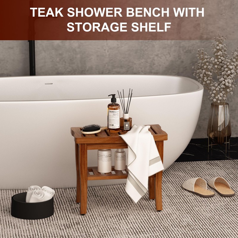 Teak Shower Bench Stool with Storage Shelf, Waterproof Shower Chair