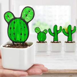 Sunnychicc 4 Set of Mini Cactus Plant Stained Glass with Pots, Small Cacti Suncatcher Succulent Cactus Glass Decor Plant Lover Gifts for Mom Grandma Teacher Desk Windowsill Shelf Christmas Decor