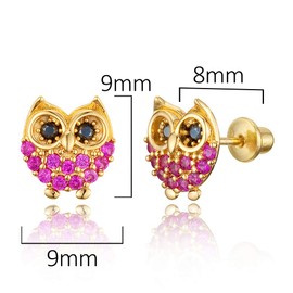 14k Gold Plated Brass Red Owl Cubic Zirconia Screwback Baby Girls Earrings with Sterling Silver Post