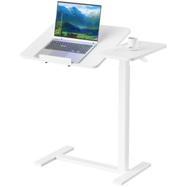 SMUG Overbed Bedside Table with Wheels, Hospital Over Bed Table with Tilt Top, Mobile Standing Desk Adjustable Height, Rolling Laptop Desk for Home Office Bedroom Sofa, Pneumatic Adjustment, White
