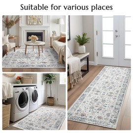 jinchan Area Rug 2x3 Entryway Rug - Washable Vintage Floral Doormat Small Door Mat Indoor Boho Lightweight Thin Non-Slip Retro Distressed Carpet for Doorway Kitchen Bathroom Bedroom Grey Multi