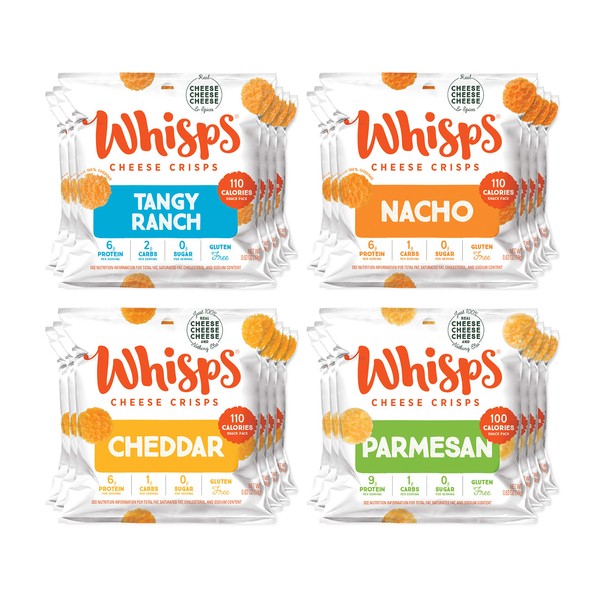 Whisps Cheese Crisps Variety Pack | Protein Chips | Healthy Snacks | Protein Snacks, Gluten Free, High Protein, Low Carb Keto Food | Parmesan, Cheddar Cheese, Asiago Pepper Jack (0.63 Oz, 24 Pack)