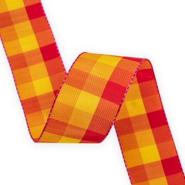 HATIANGE Wired Plaid Ribbon Orange Pink Yellow Checks,1-1/2" X 11 Yards,for Easter,Spring, Summer, Birthday, Wreath, Birthday, Gift Bows, Christmas