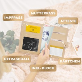 TWIVEE - Maternity Log Cover (Love) - Organiser with Magnetic Closure - German Maternity Log - Mother-Child Passport - Includes Notepad and 8 Compartments, Taupe - Gold, Compact