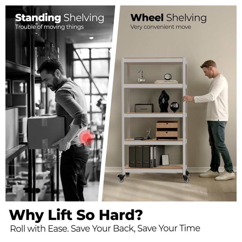 HOMEDANT House White 5-Tier Metal Rolling Cart Shelf Rack Casters