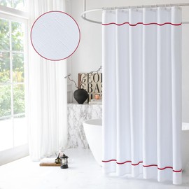 youngseahome White Shower Curtain with Red Border, Modern Chic Faux Linen Fabric Shower Curtains for Bathroom and Hotel,72 x 72 Inches