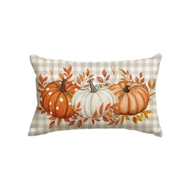 AVOIN Colorlife - Funda de cojín de calabaza a cuadros de otoño de 12 x 20 pulgadas, diseño de hojas de otoño de temporada para decoración de sofá o sofá