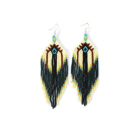 Long Beaded Dangle Earrings – Boho Native Handmade Seed Bead Tassel Bohemian Large Statement Drop Fringes for Women (Dark Green)