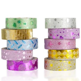 CGLRybO 10 Rolls Glitter Washi Tape Set, Colour Masking Tape, Patterned Paper Ribbons for Christmas, DIY Decoration, Bullet Journals, Scrapbooking & Craft Supplies (10 Rolls Patterned Flash)