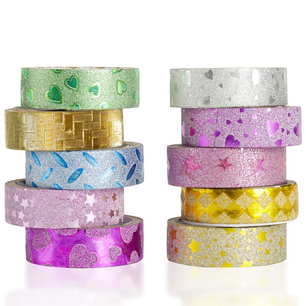 CGLRybO 10 Rolls Glitter Washi Tape Set, Colour Masking Tape,