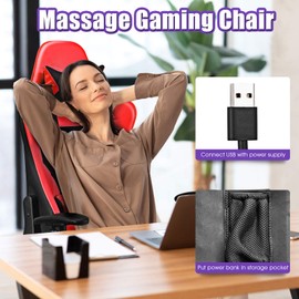 Giantex Massage Gaming Chair, Ergonomic Video Game Chair with Footrest, High Back E-Sport Computer Chair with Headrest & Massager Lumbar Support, PU Leather Gaming Seat (Red)