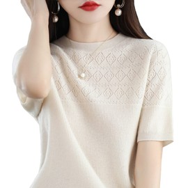 Bolan Verl (13 Colors Total) Short Sleeve Knit Cut and Sew Lace Knit Sweater Women's Summer Knit Sweater Spring/Summer/Autumn/Plain, Transparent, Stretchy, Comfortable, Stretchy, Soft, white