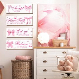 Thrist Pink Room Decor for Teen Girls 4PCS Let Go Accept Believe Have Faith Motivational Wall Decor Wood Positive Quotes Inspirational Pink Bow Bathroom Wall Decor for Bedroom Living Room