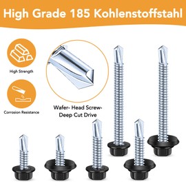 VIGRUE Pack of 185 Trapezoidal Sheet Metal Screws Self-Tapping Screws Stainless Steel Drilling Screws Tapping Screws M4.8 Hex Washer Head Self-Drilling Screw Set for Metal Wood Furniture Electrical
