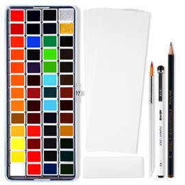MeiLiang Watercolor Paint Set 52 Colors in Half Pans with Drawing Pencil, Paint Brushes, 5 Watercolor Paper, Sponge, Black Drawing Pens, Art Supplies for Adults Travel Watercolor & Blue Box