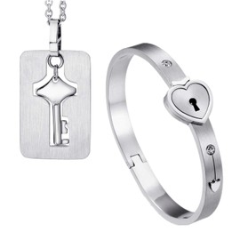 Flongo Partner Gift Bangle Bracelet Pendant with Chain Set Heart Lock Bracelet with Key Pendant Necklace Silver Rose Gold Black, Stainless Steel, Silver