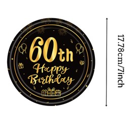 Happy 60th Birthday Paper Plates 7”Black and Gold,16Pcs Disposable Tableware Party Plates,Happy 60th Birthday Decorations Plates for Women,Men,Him,Her 60th Birthday Party Supplies Table Decorations