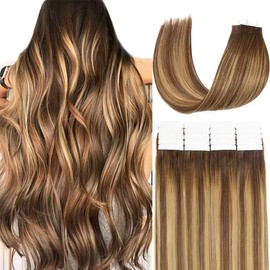Loxxy Human Tape in Hair Extensions Balayage Chocolate Browm To Caramel Blonde Invisible Remy 20Inch Tape in Hair Extensions Human Hair Double Side PU Weft Thick End Natural Straight 40Pcs 100G