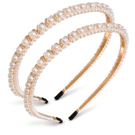 2 Pcs Pearl Headbands for Women White Bridal Headband Non-Slip Comfortable Pearl Hair Accessory for Weddings Birthday Party