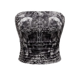 SHENHE Women's Strapless Rhinestone Cross Print Goth Punk Y2k Ruched Crop Tube Top Dark Grey Small