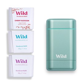 Wild - Natürliches nachfüllbares Deo - Aluminiumsalzfrei - Metallicblauer Deobehälter mit Nachfüll-Sortenpaket - Enthält Fresh Cotton & Sea Salt, Cherry Blossom, Coconut & Vanilla Düfte - Vegan