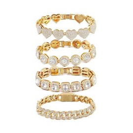 Umimiss 4PCS Diamante Bracelet - Bracelets for Womens,Tennis Bracelet,Bracelet Set,Silver Clustered Tennis Bracelet,Heart Round Diamond Cuban Bracelet,Layered Link Bracelet Set for Mother Wife Friend