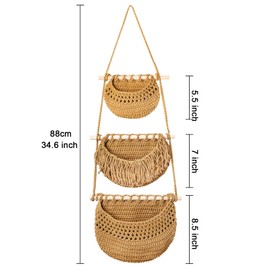 Lawei 3 Tier Hanging Fruit Basket, Wall Hanging Vegetable Fruit Baskets Cotton Woven Storage Baskets for Organizing, BOHO Wall Basket Decor, Over the Door Organizer for Kitchen, Bedroom, Bathroom