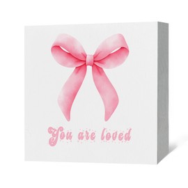 JRTW Inspirational Quote You Are Loved Wood Box Sign Desk Decor, Preppy Decor for Girls, Pink Bow Tie Sign Wooden Block Box Sign Decoration for Nursery Kids Room College Dorm Shelf Table Plaques