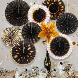 Easy Joy Party Decoration 9PCS Black and Gold Hanging Paper Fans New Year's Eve Decoration 2025 Happy New Year Wall Hanging Decoration for Birthday Graduations Wedding Decor
