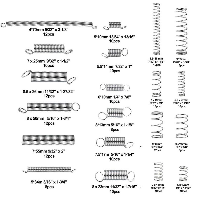 200 Piece Spring Assortment Set Kit, Various Sizes Extension and
