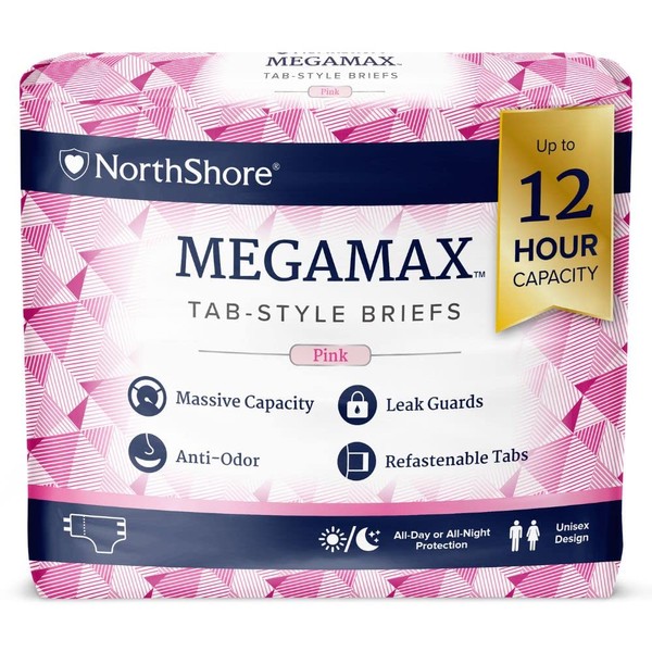 NorthShore MegaMax Tab-Style Briefs for Men and Women, Pink, Medium, Pack/10