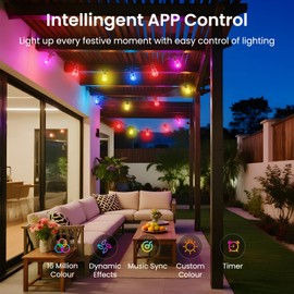 CHARKEE 48ft RGB+IC Outdoor String Lights, APP & Remote Control, 100 Lumen Total Brightness, IP65 Waterproof, Color Changing LED Lights for Patio, Garden, Party