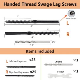 Kuahome 50 Kuahome 1/8" Black Swage Lag Screws Left & Right Cable Railing Hardware Kit