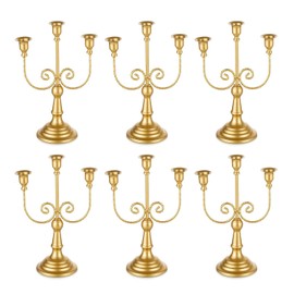 Romadedi - Candelabros dorados para velas – 3 brazos de 11.8 pulgadas, portavelas de boda para fiesta temática, mesa, mesa, comedor, cumpleaños, día festivo, Navidad, juego de 6 unidades